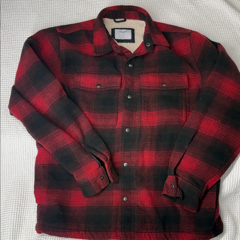 Red and Black Plaid Sherpa-Lined Old Navy Button-Up Shacket - Large